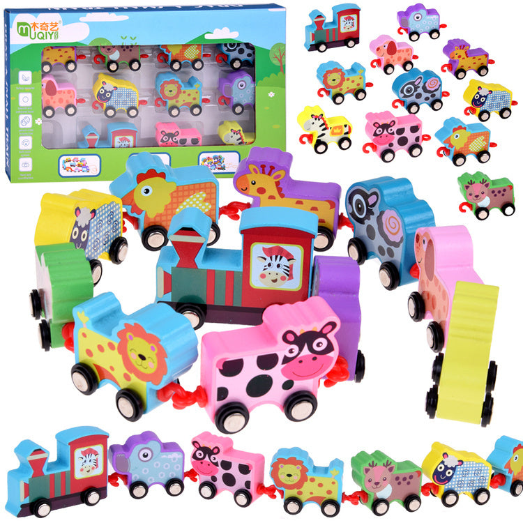 Medinis žaislinis traukinukais su gyvūnais 11 el.