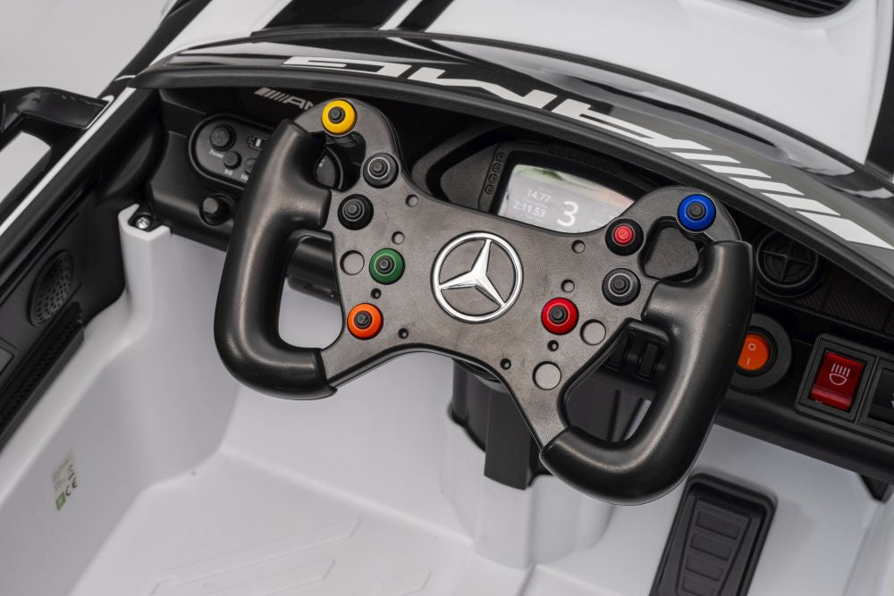 Vienvietis elektrinis sportinis automobilis Mercedes AMG GT3 vaikams, baltas