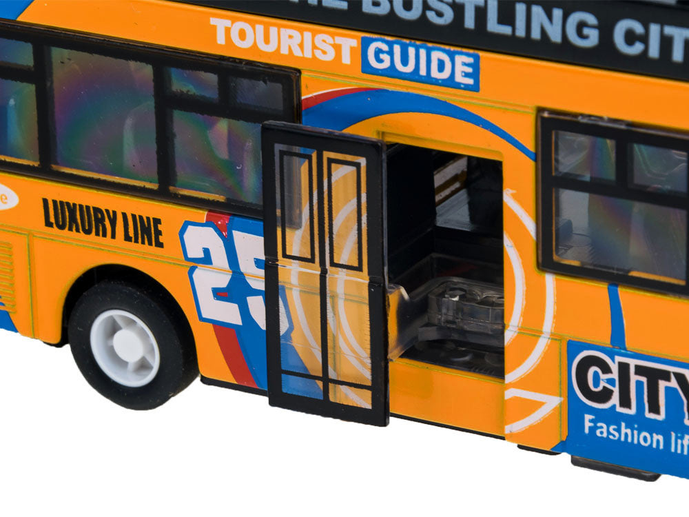 Metalinis dviaukštis autobusas su garso ir šviesos efektais, geltonas