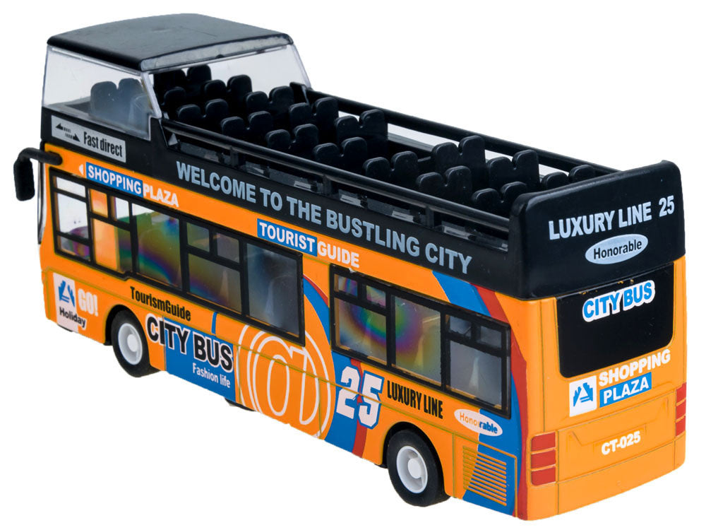 Metalinis dviaukštis autobusas su garso ir šviesos efektais, geltonas