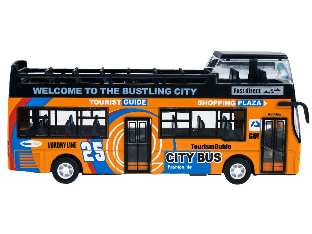 Metalinis dviaukštis autobusas su garso ir šviesos efektais, geltonas