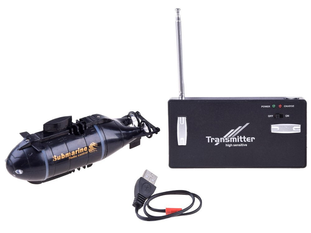 Nuotoliniu būdu valdomas povandeninis laivas su šviesos efektais, juodas