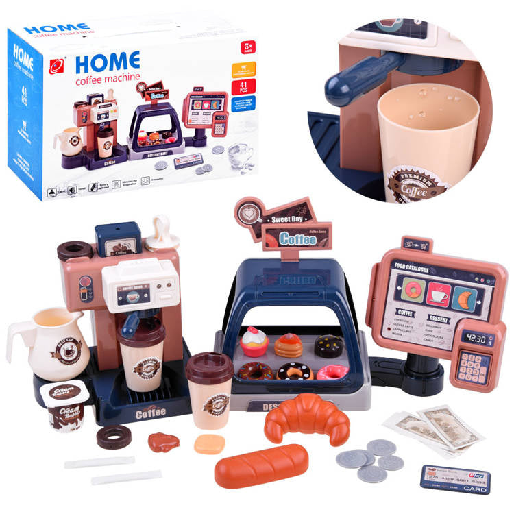 Žaislinė kavos parduotuvė su kasos aparatu ir vitrina