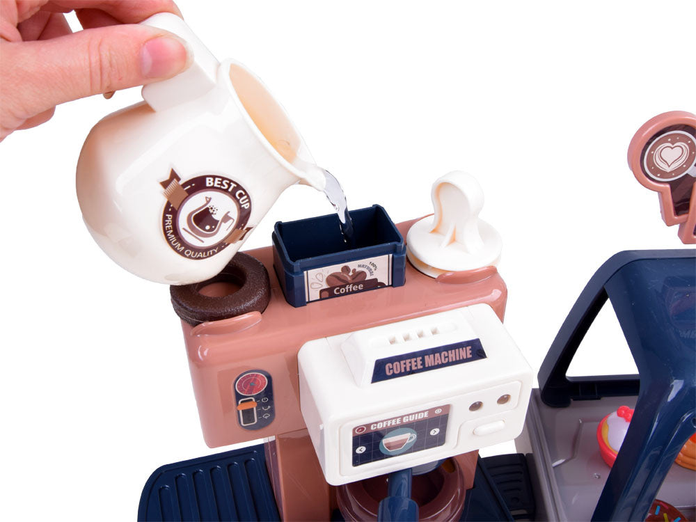 Žaislinė kavos parduotuvė su kasos aparatu ir vitrina