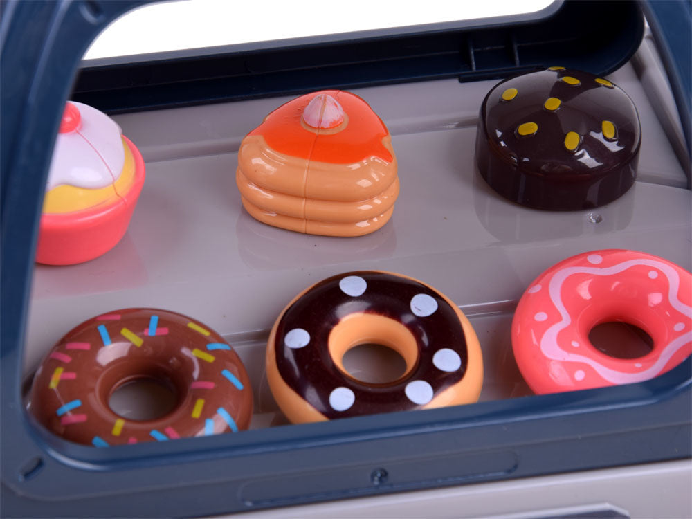 Žaislinė kavos parduotuvė su kasos aparatu ir vitrina