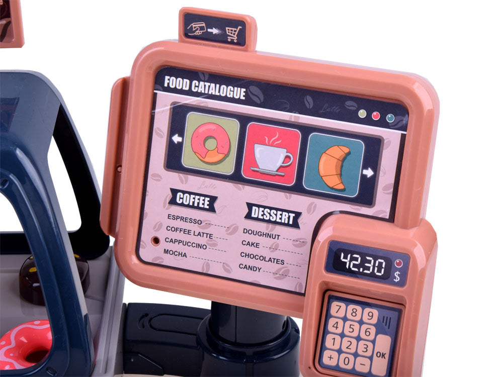Žaislinė kavos parduotuvė su kasos aparatu ir vitrina