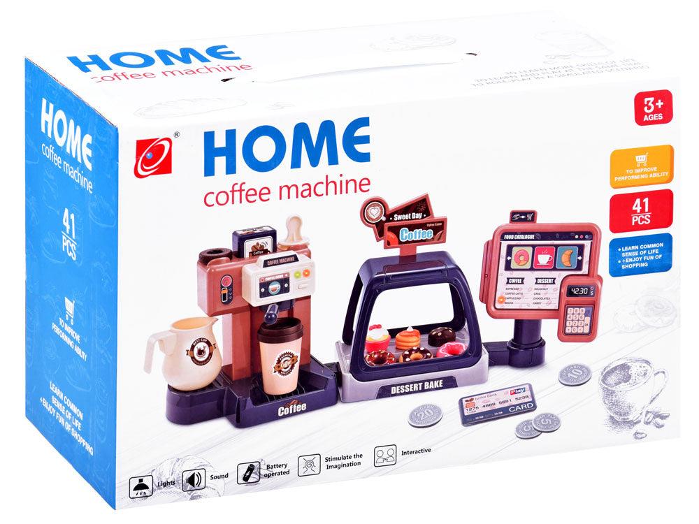 Žaislinė kavos parduotuvė su kasos aparatu ir vitrina