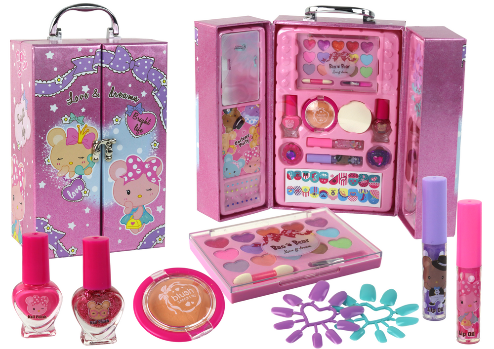 Makiažo ir manikiūro rinkinys rausvame lagamine