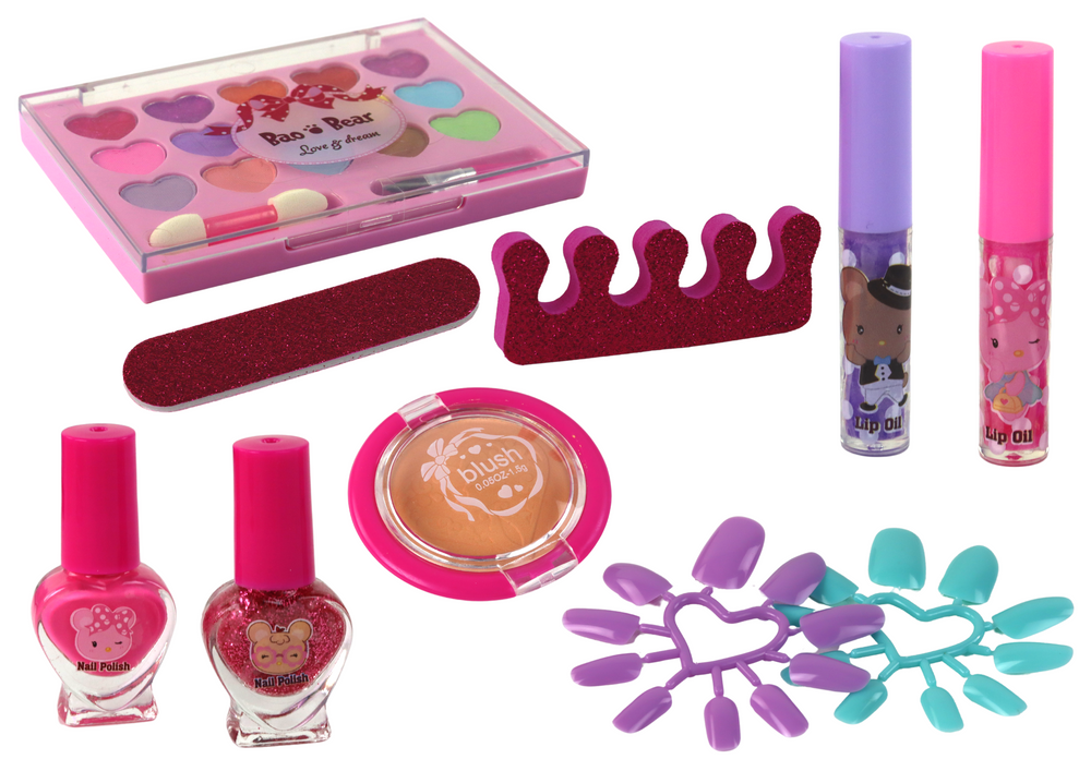 Makiažo ir manikiūro rinkinys rausvame lagamine