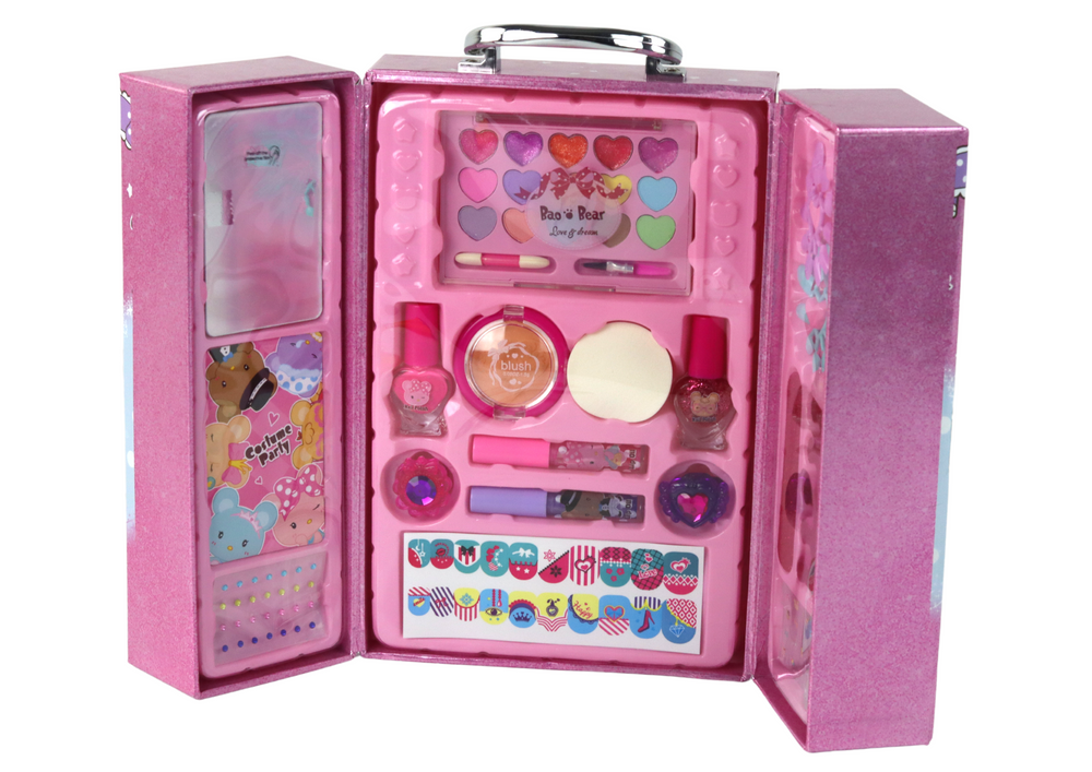 Makiažo ir manikiūro rinkinys rausvame lagamine