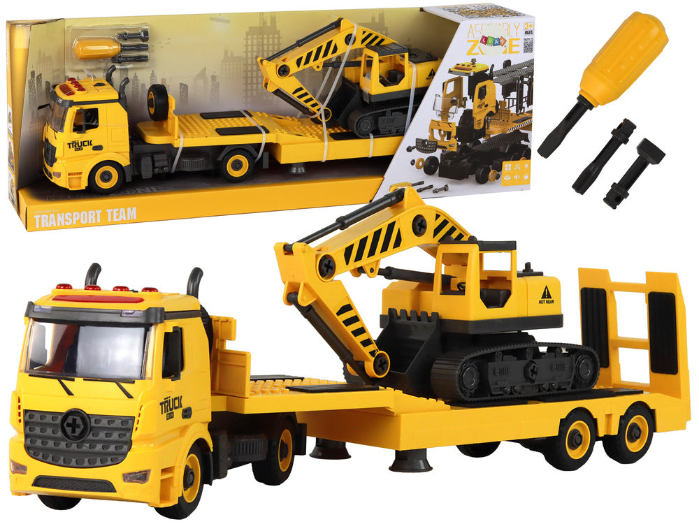 „Pasidaryk pats“ sunkvežimis su priekaba ir vikšriniu ekskavatoriumi, geltonas