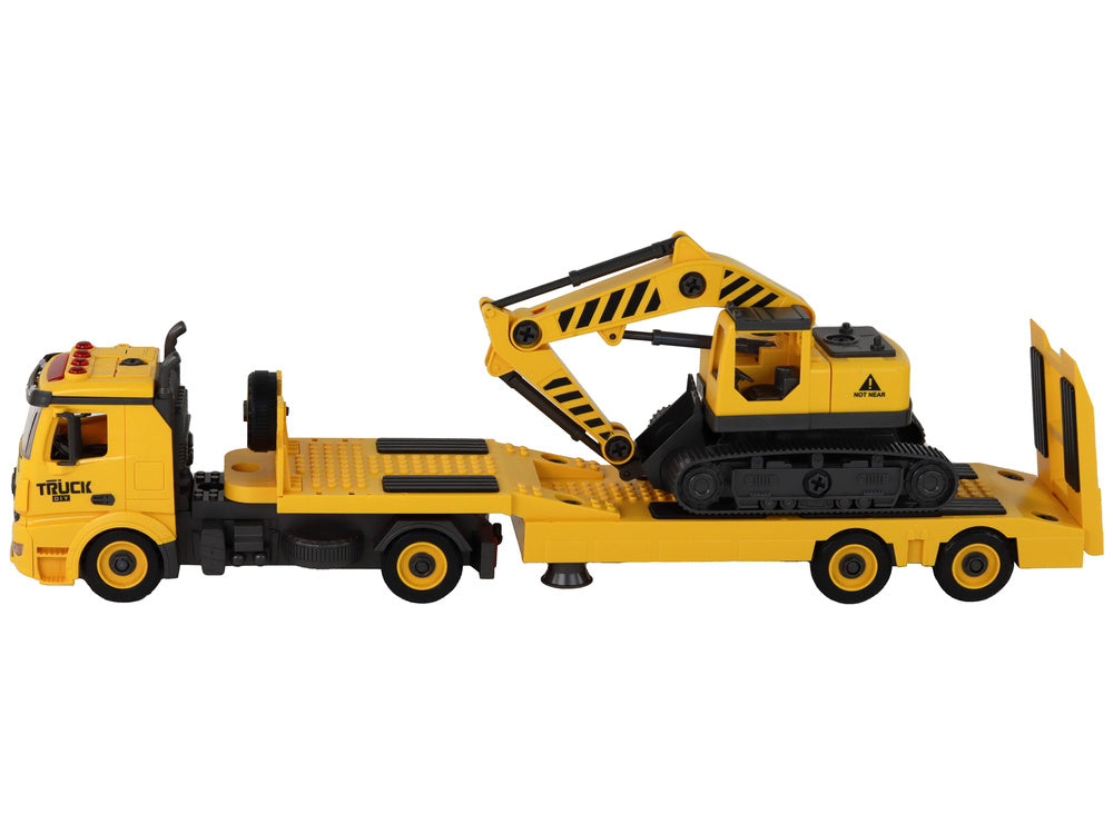 „Pasidaryk pats“ sunkvežimis su priekaba ir vikšriniu ekskavatoriumi, geltonas