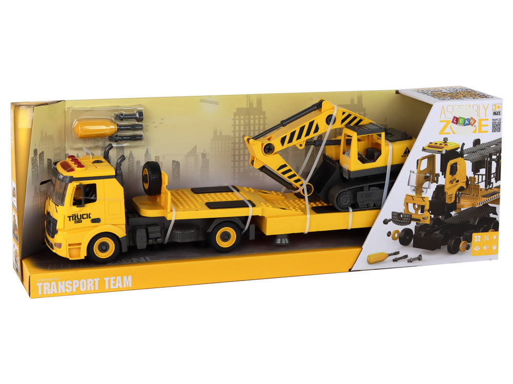 „Pasidaryk pats“ sunkvežimis su priekaba ir vikšriniu ekskavatoriumi, geltonas