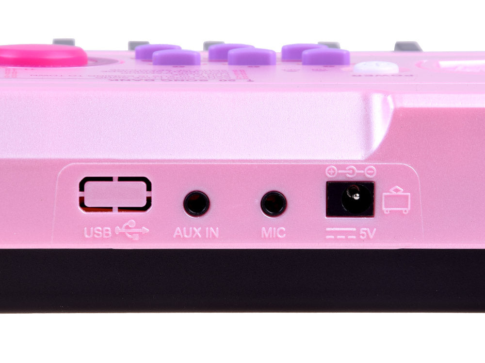 Elektrinis pianinas su mikrofonu ir šviečiančiais klavišais, rožinis