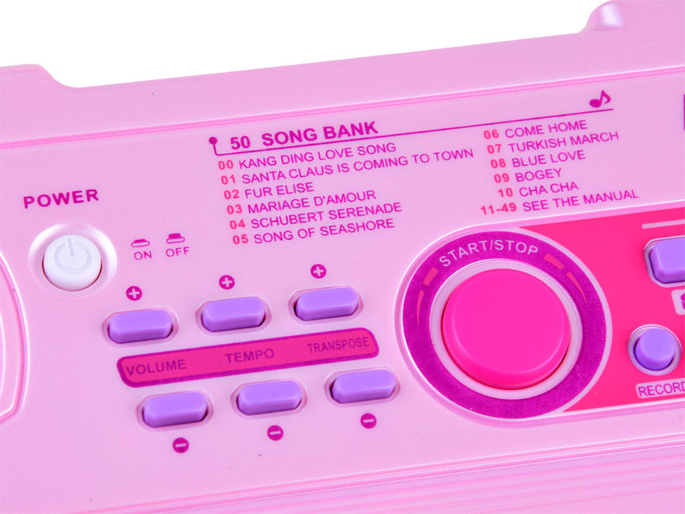 Elektrinis pianinas su mikrofonu ir šviečiančiais klavišais, rožinis