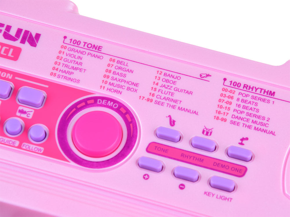 Elektrinis pianinas su mikrofonu ir šviečiančiais klavišais, rožinis