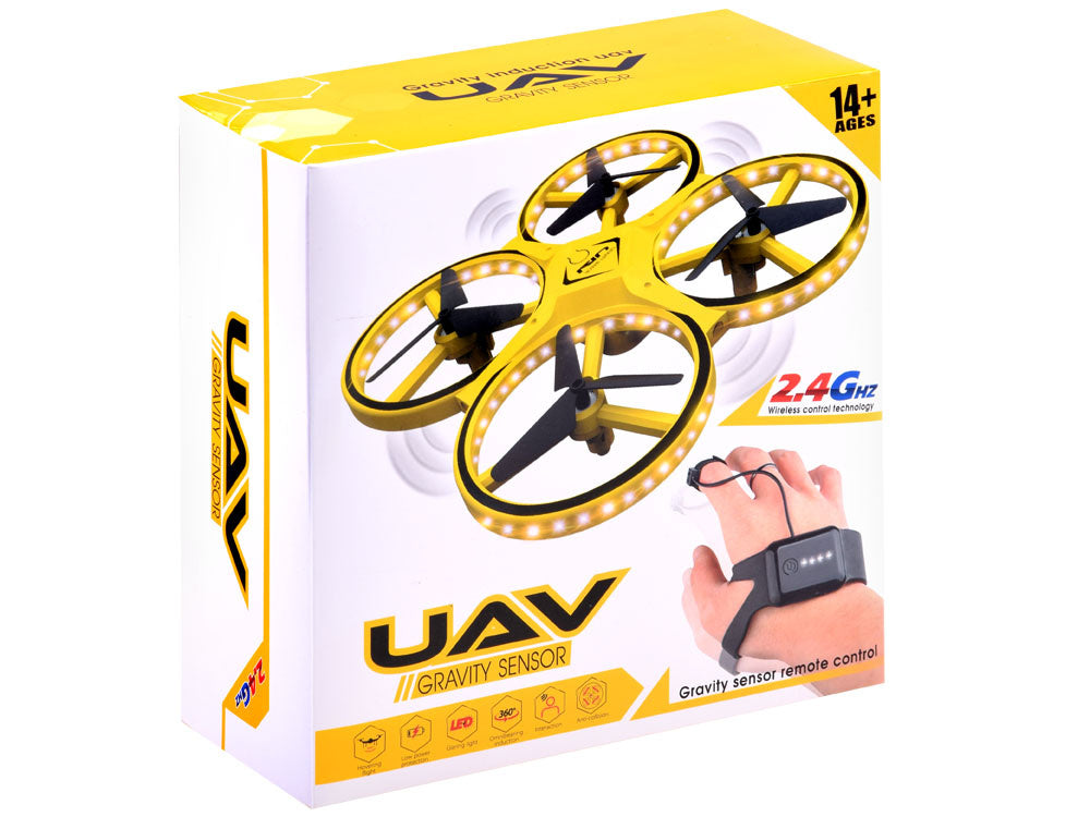 Nuotoliniu būdu valdomas dronas, geltonas