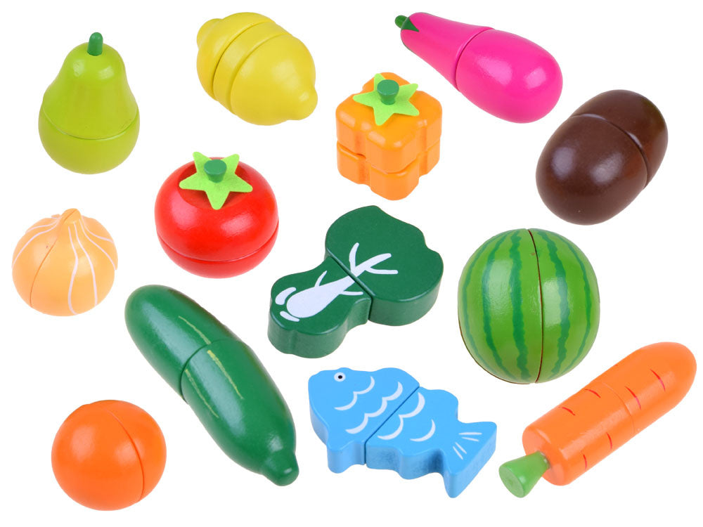 Medinių pjaustomų vaisių ir daržovių rinkinys dėžutėje