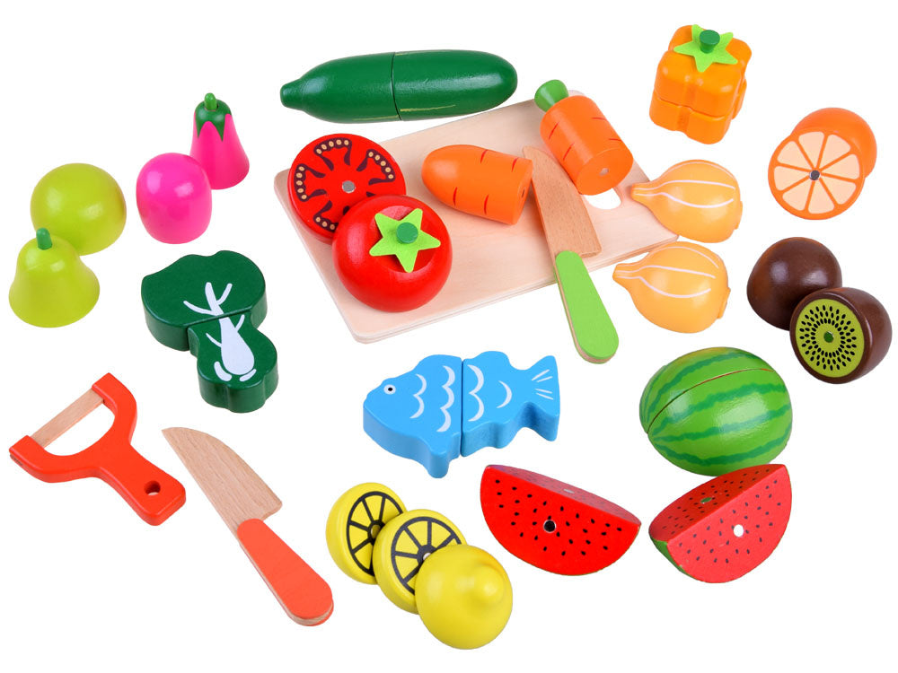 Medinių pjaustomų vaisių ir daržovių rinkinys dėžutėje