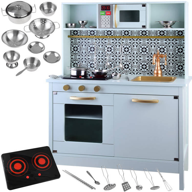 Medinė virtuvėlė vaikams su priedais, mėtų spalvos