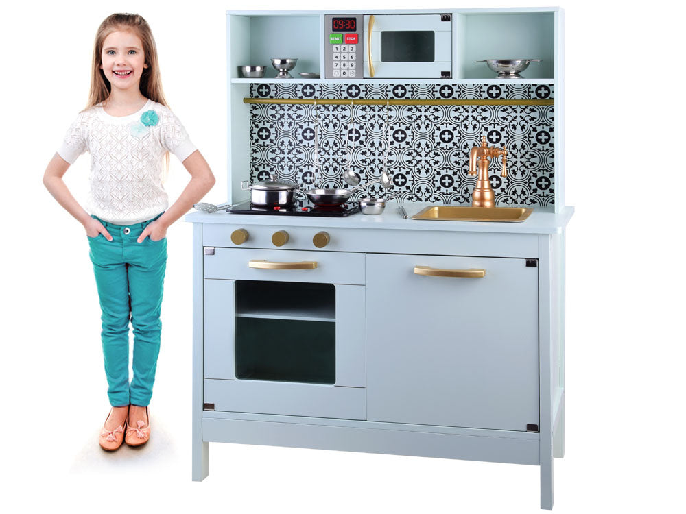 Medinė virtuvėlė vaikams su priedais, mėtų spalvos