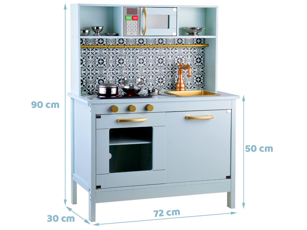 Medinė virtuvėlė vaikams su priedais, mėtų spalvos
