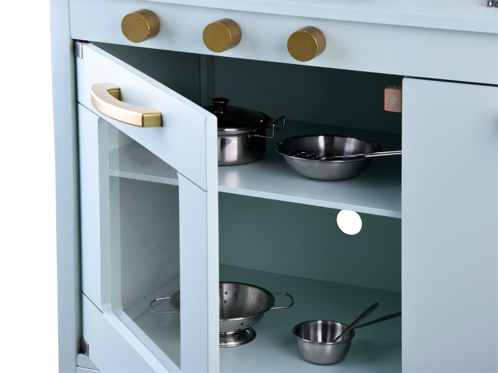 Medinė virtuvėlė vaikams su priedais, mėtų spalvos