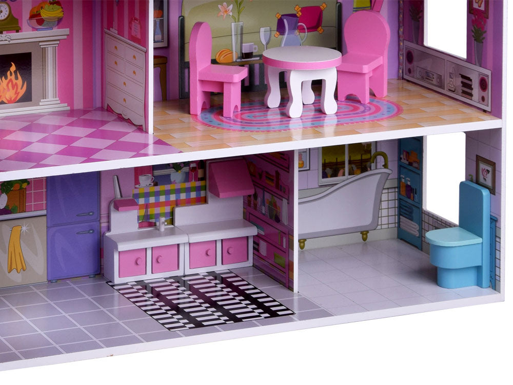 Medinis lėlių namelis su baldais ir led šviesa