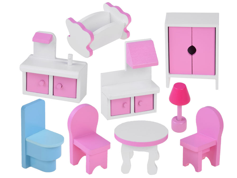 Medinis lėlių namelis su baldais ir led šviesa