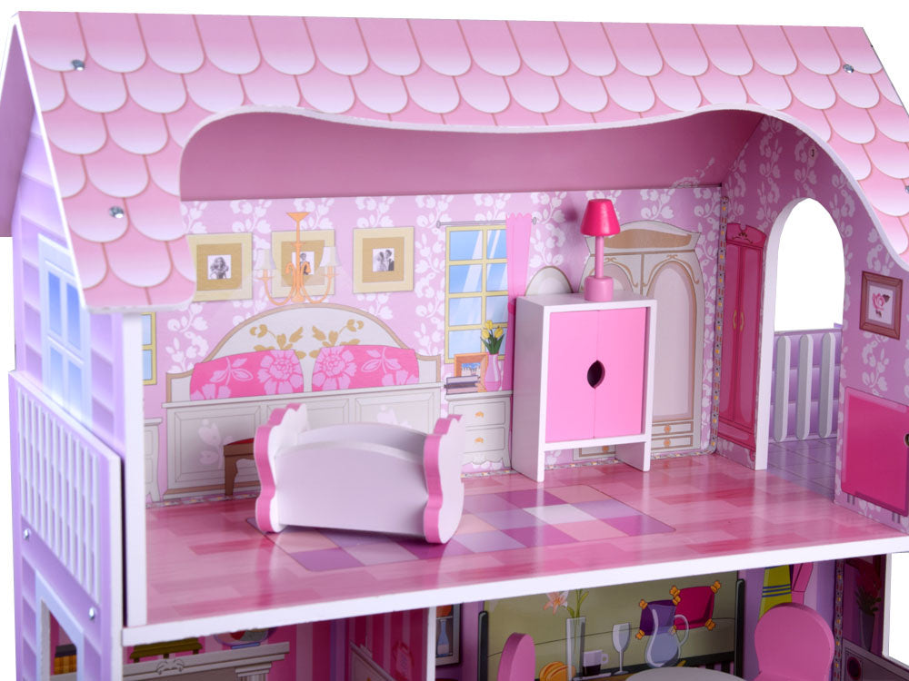 Medinis lėlių namelis su baldais ir led šviesa