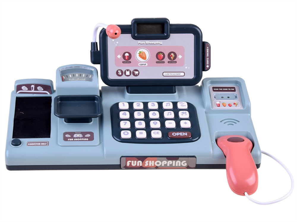 Žaislinis kasos aparatas su skeneriu, svarstyklėmis ir kitais priedais