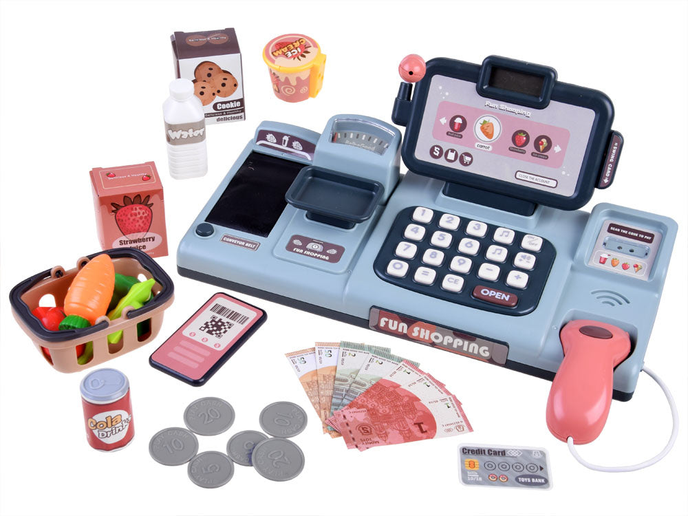 Žaislinis kasos aparatas su skeneriu, svarstyklėmis ir kitais priedais