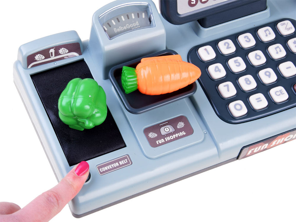 Žaislinis kasos aparatas su skeneriu, svarstyklėmis ir kitais priedais