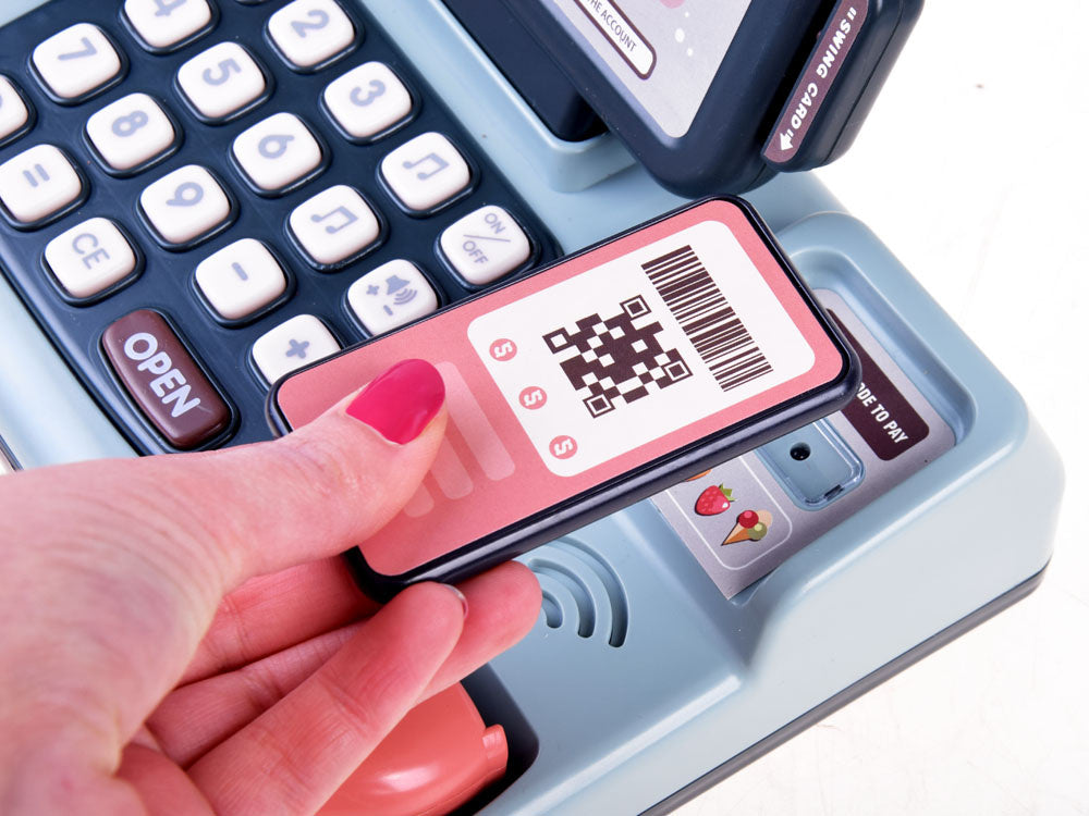 Žaislinis kasos aparatas su skeneriu, svarstyklėmis ir kitais priedais