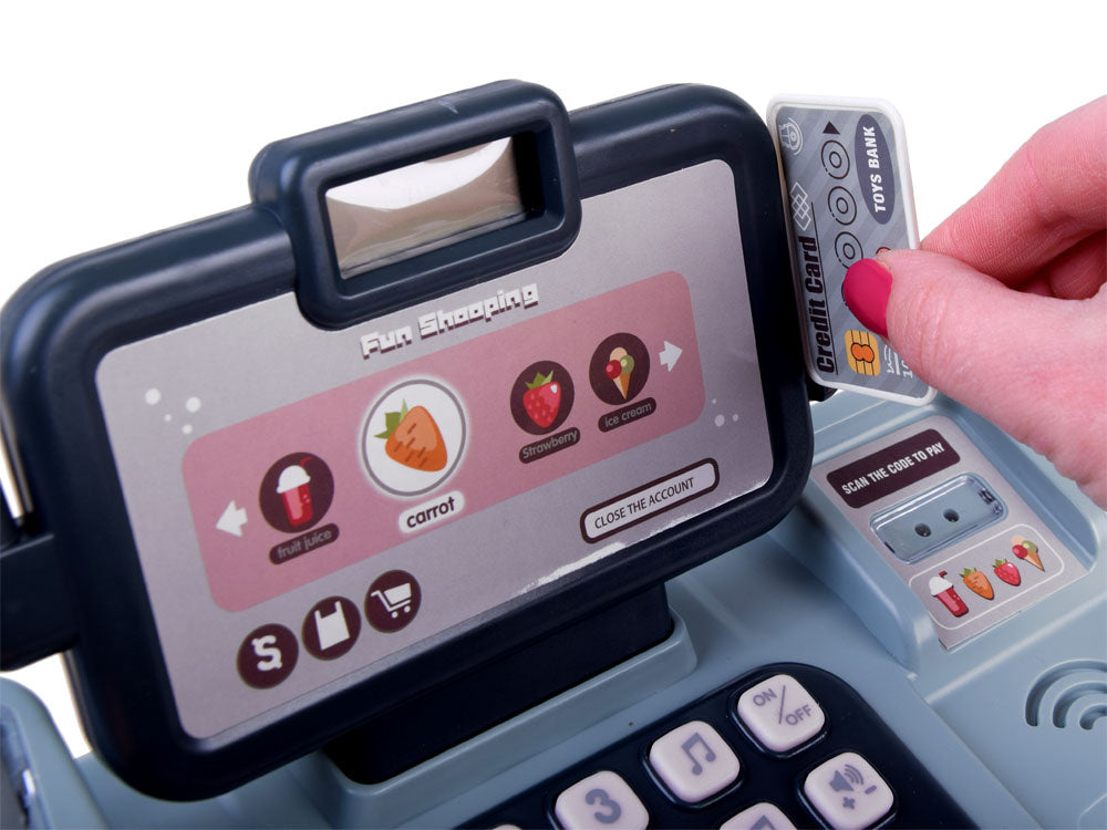 Žaislinis kasos aparatas su skeneriu, svarstyklėmis ir kitais priedais