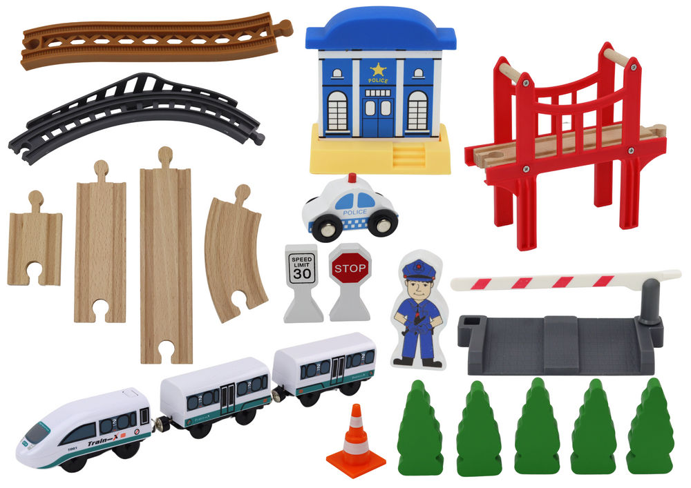 Medinių traukinio bėgių rinkinys su traukiniu ir policijos automobiliu 3,2 m