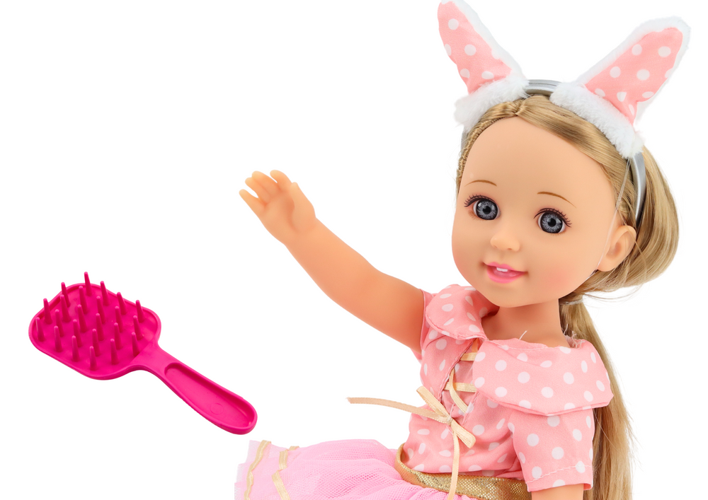 Lėlė ilgais plaukais ir rožine suknele ir ausytėmis 38cm