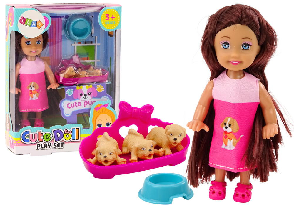 Mini lėlė su ilgais plaukais ir šuniukais