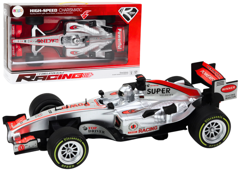 Žaislinis sportinis F1 automobilis 1:9, sidabrinis