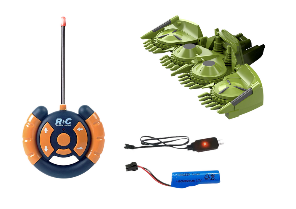 Nuotoliniu būdu valdomas kombainas su priekaba, žalias