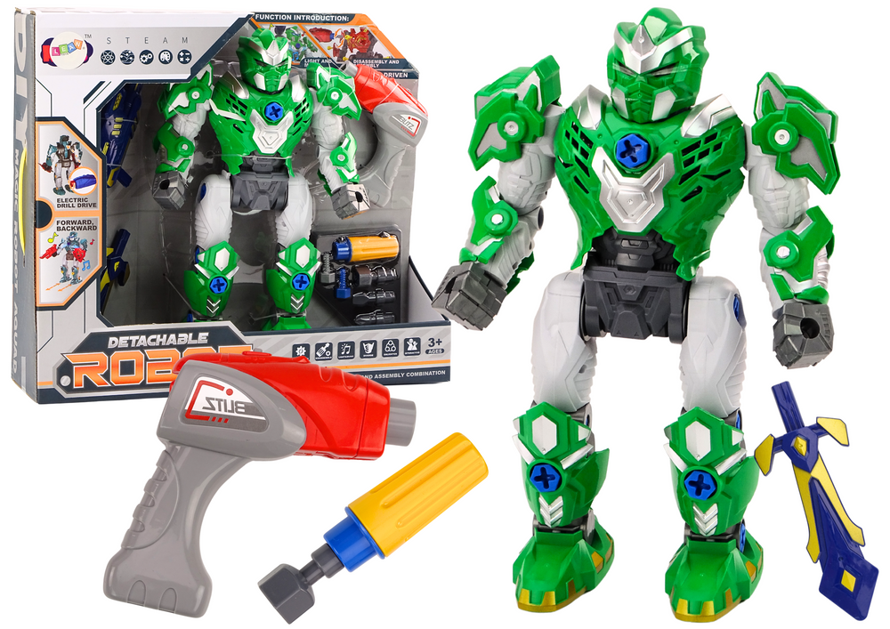 Robotas su gręžtuvu, atsuktuvu ir garso ir šviesos efektais, žalias