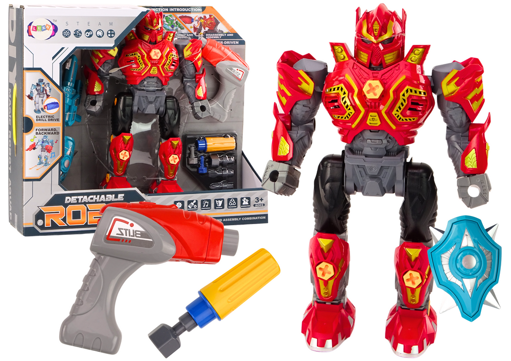 Robotas su gręžtuvu, atsuktuvu ir garso ir šviesos efektais, raudonas