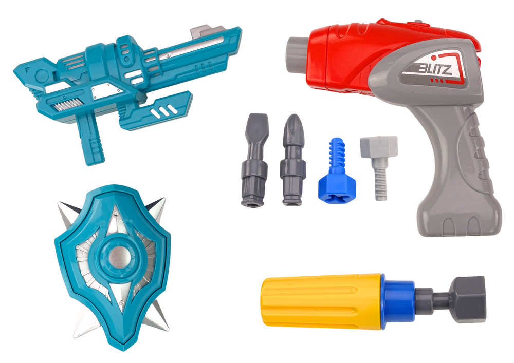 Robotas su gręžtuvu, atsuktuvu ir garso ir šviesos efektais, raudonas