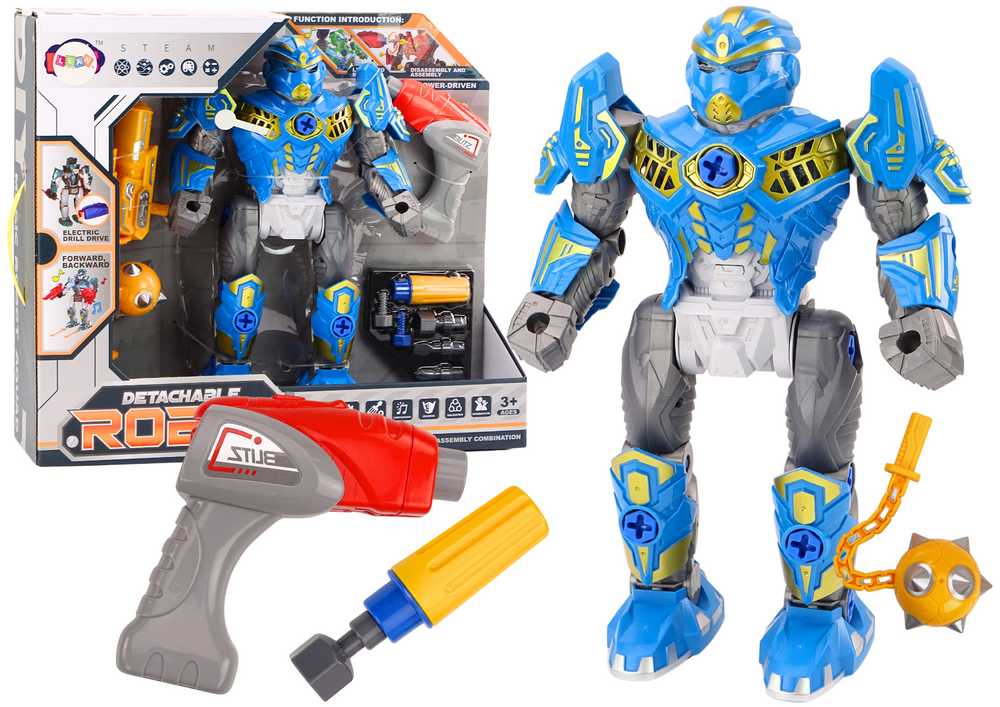 Robotas su gręžtuvu, atsuktuvu ir garso ir šviesos efektais, mėlynas