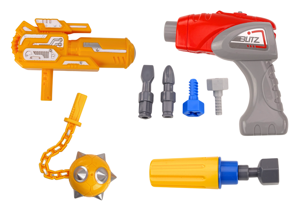 Robotas su gręžtuvu, atsuktuvu ir garso ir šviesos efektais, mėlynas