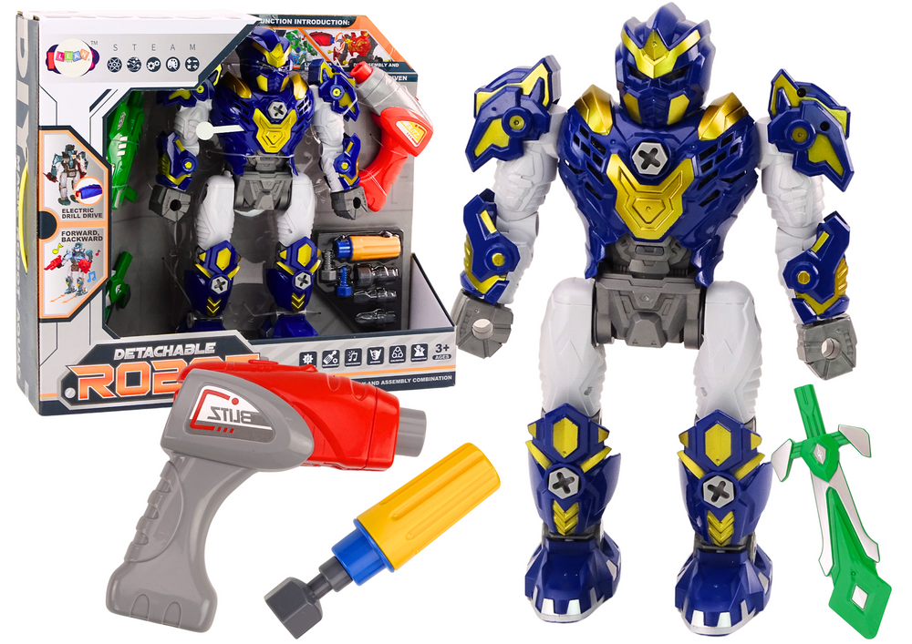 Robotas su gręžtuvu, atsuktuvu ir garso ir šviesos efektais, mėlynas