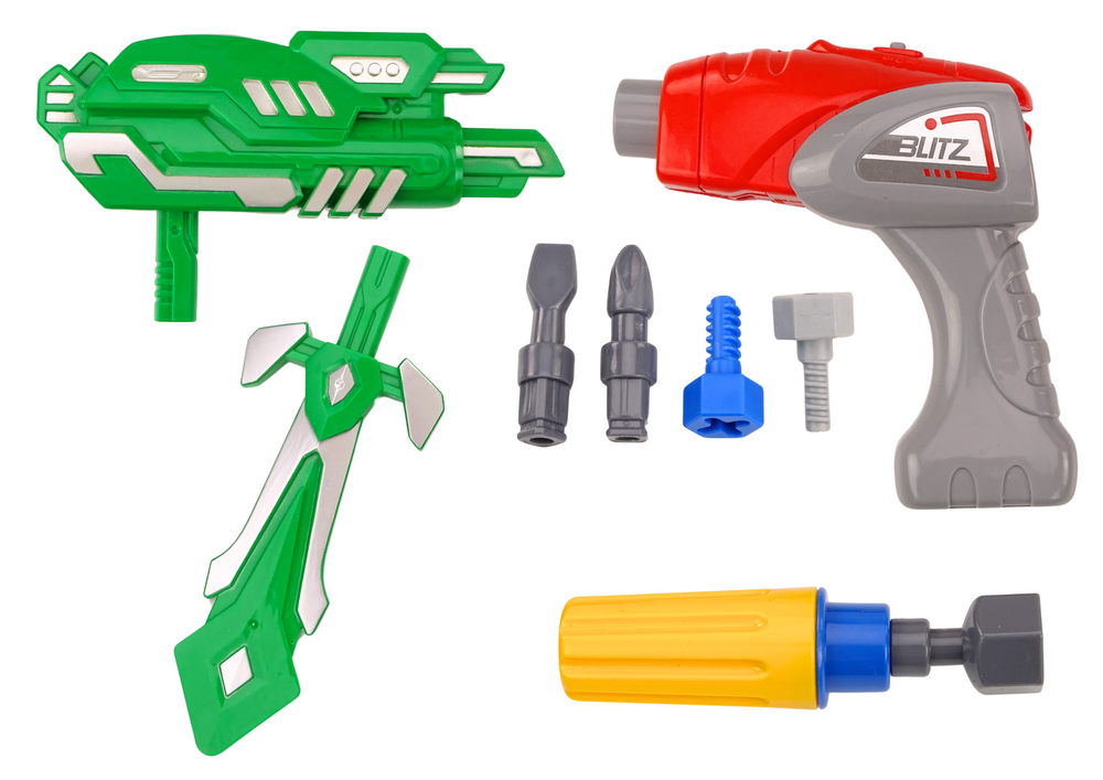 Robotas su gręžtuvu, atsuktuvu ir garso ir šviesos efektais, mėlynas