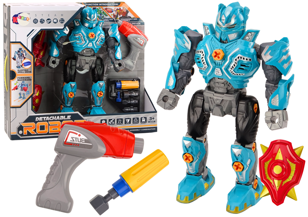 Robotas su gręžtuvu, atsuktuvu ir garso ir šviesos efektais, šviesiai mėlynas