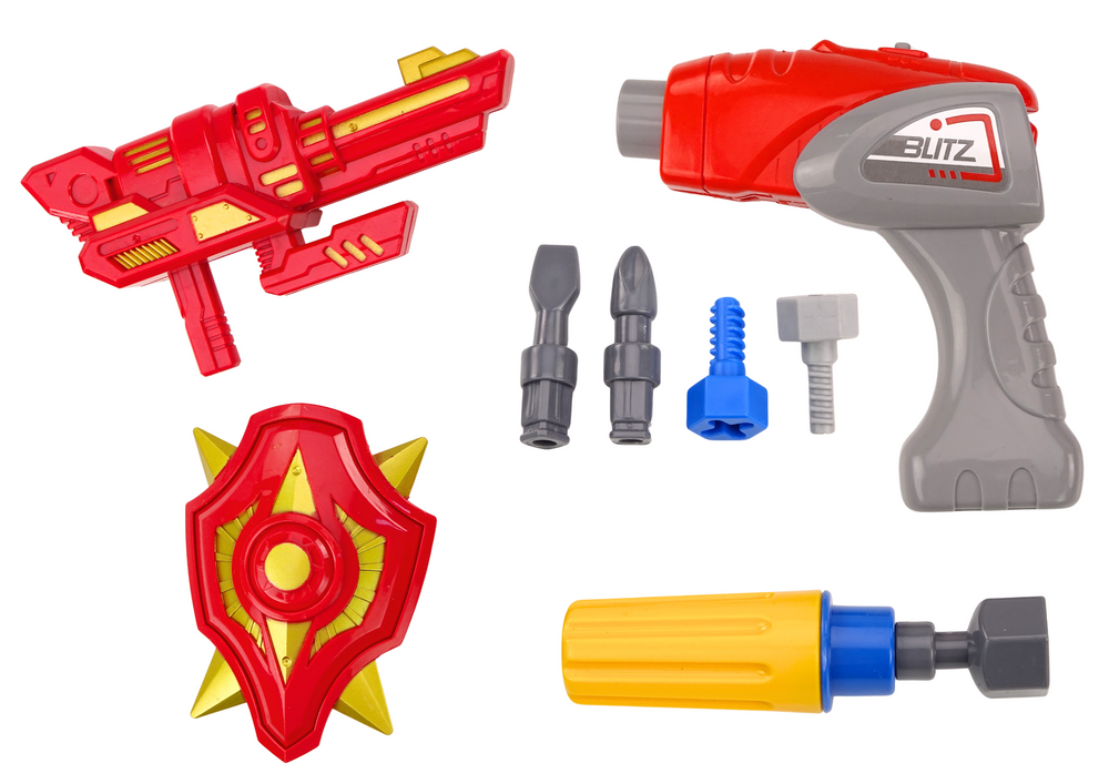 Robotas su gręžtuvu, atsuktuvu ir garso ir šviesos efektais, šviesiai mėlynas