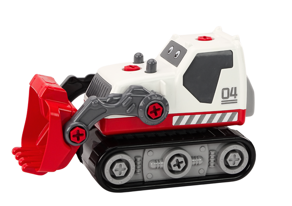 Žaislinis ekskavatorius su įrankiais, baltas